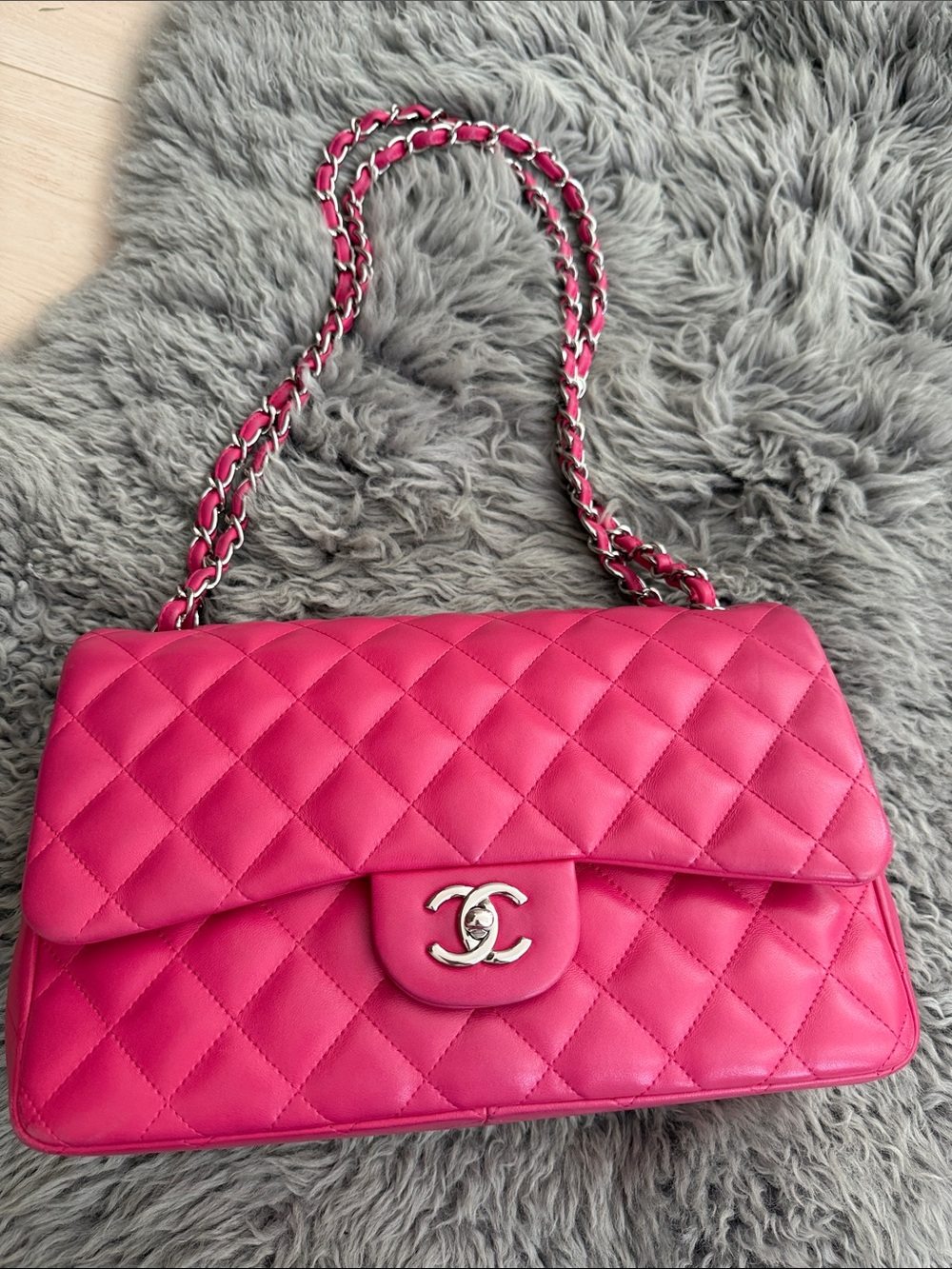 CHANEL lambskin jumbo - Flap Shoulder Bag in Bright Pink with Silver Hardware-